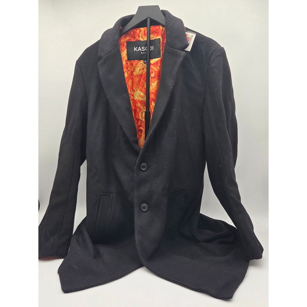 KASOJI Black Long Coat Blazer 2XL Orange Print Lining Spiral Back 101-868